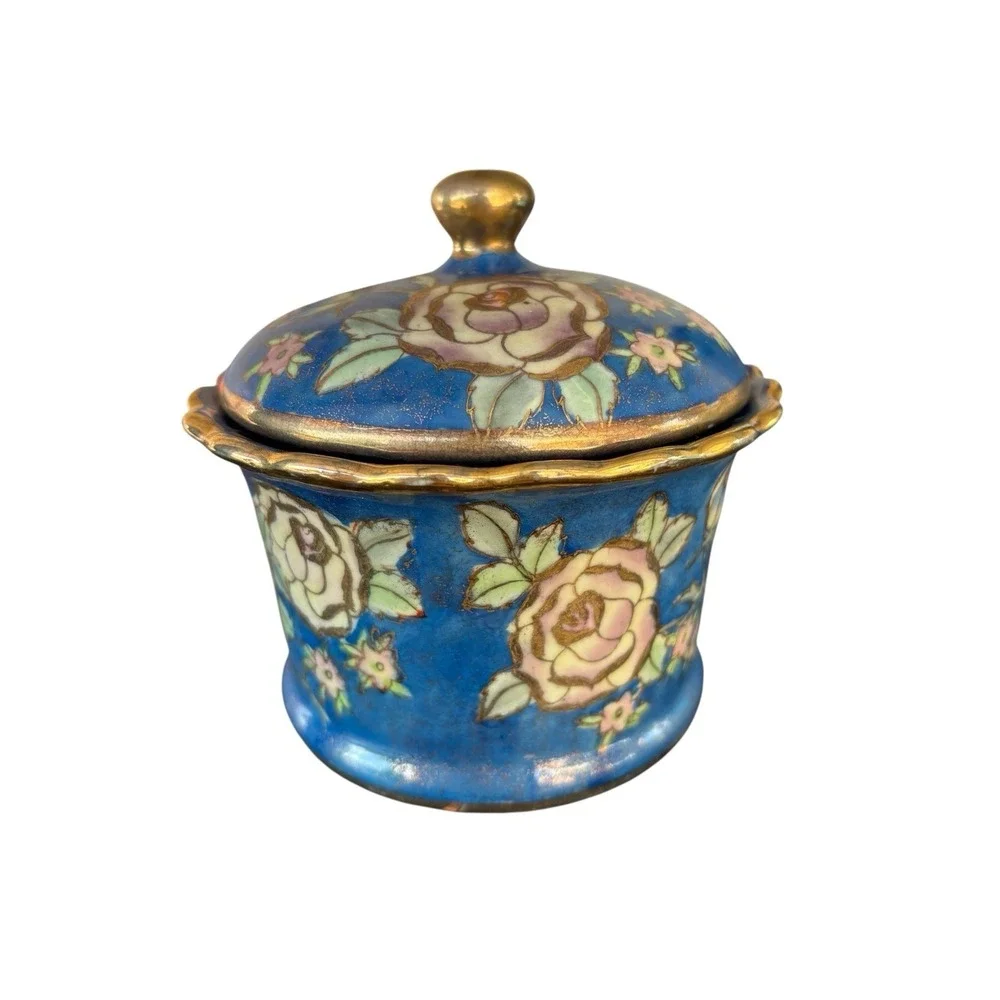Cloisonné Lidded Ginger Jar Blue  Flowers Vintage‎